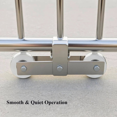 Stainless Steel Sliding Gate Wheel With V Groove Roller For Beefy Heavy Duty Gates And Garage Doors Smooth Ball Bearing Track Roller Industrial Caster Pulley Kit Rolling Gate Hardware For Reliable Quiet Operation shown installed on a gate.