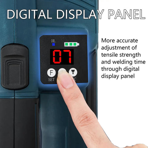 Portable Automatic Electric Strapping Machine With Lcd Screen For Hot Melting Strap Tool showing digital display panel for settings.