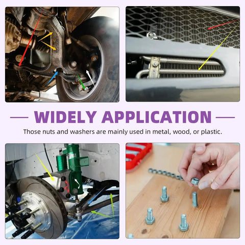 Image showing application of Massive 45-Piece SAE 304 Stainless Steel 3/8-16 Hex Nuts Set With 3/8 Flat Washers And 3/8 Split Lock Washers in automotive and woodworking projects.