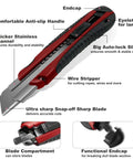 Heavy Duty Utility Knife Set 25mm Retractable Box Cutter With Auto Lock 11 Replacement Blades Snap Off Blade Cable Slot And Non Slip Ergonomic Grip For Warehouse Pros And DIYers, red and black handle with blade compartment