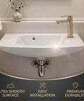 20 Inch Wall Mounted Bathroom Sink With DIY Friendly Slip On Install Space Saving Design Single Faucet Hole Glossy White Finish For A Clean Slick Modern Look installed with chrome drain and brushed nickel faucet