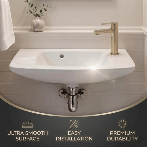 20 Inch Wall Mounted Bathroom Sink With DIY Friendly Slip On Install Space Saving Design Single Faucet Hole Glossy White Finish For A Clean Slick Modern Look installed with chrome drain and brushed nickel faucet