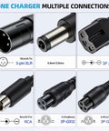 Close-up view of 54.6V 2A Fast Electric Bike Charger connectors for 48V Ebike Batteries with Overcharge Protection UL Tested.