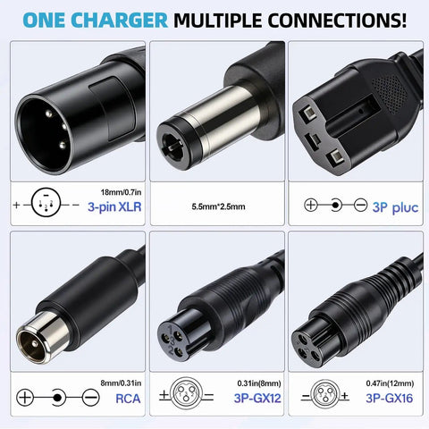 Close-up view of 54.6V 2A Fast Electric Bike Charger connectors for 48V Ebike Batteries with Overcharge Protection UL Tested.