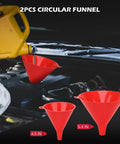 22 Piece No Spill Coolant Filling Funnel Kit With Siphon Hose Pump And Universal Radiator Refill Set including 2 red circular funnels, 4.5 in and 5.4 in.