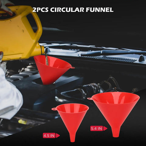 22 Piece No Spill Coolant Filling Funnel Kit With Siphon Hose Pump And Universal Radiator Refill Set including 2 red circular funnels, 4.5 in and 5.4 in.