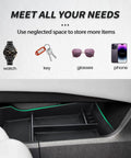 Center Console Organizer for 2021-2026 Nissan Rogue S SV Rock Creek Dash Tray Armrest Storage Box Lower Center Console Interior Accessories Fits 8 Inch Screen showcasing storage use for keys, glasses, and phone.