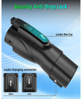 Built Tough Tesla To J1772 Charging Adapter With Secure Lock Ip65 Weatherproof Housing showing anti-drop lock feature and charging connector.