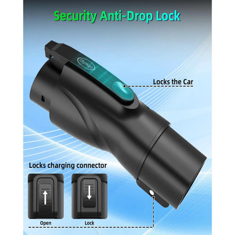 Built Tough Tesla To J1772 Charging Adapter With Secure Lock Ip65 Weatherproof Housing showing anti-drop lock feature and charging connector.