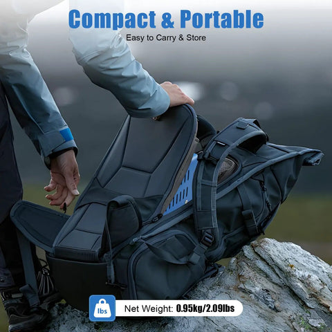 Person packing Portable 20W Hand Crank Generator With USB Output And 28V Direct Power into a backpack on rocky terrain