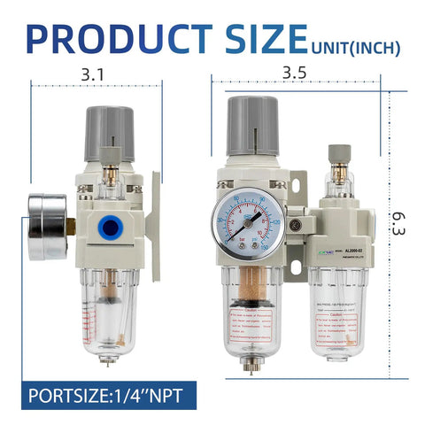 One Quarter Inch NPT Compressed Air Filter Regulator Lubricator Combo With Five Micron Brass Element front and side view