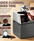 Hassle Free Automatic Espresso Portafilter Cleaner With Smart Proximity Sensor For 58 Mm Makers and quick ground cleanup knockout box with coffee grounds.