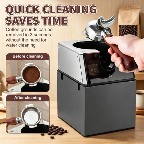 Hassle Free Automatic Espresso Portafilter Cleaner With Smart Proximity Sensor For 58 Mm Makers and quick ground cleanup knockout box with coffee grounds.