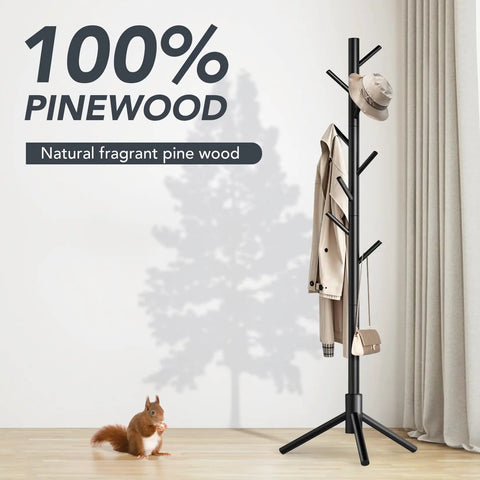 Freestanding Wooden Coat Rack With 8 Hooks, Easy Assembly, 3 Adjustable Heights, No Fuss New Zealand Pine, Sturdy Clothes Tree, Black Finish