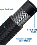 Black 10 Ft AN4 Fuel Line Kit Nylon Braided Hose With Stainless Steel Core And CPE Liner For High Performance Racing And Street Builds, close-up