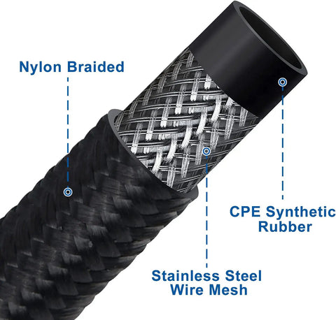 Black 10 Ft AN4 Fuel Line Kit Nylon Braided Hose With Stainless Steel Core And CPE Liner For High Performance Racing And Street Builds, close-up