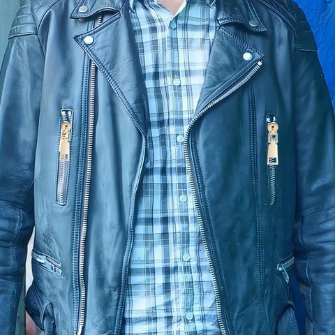 Front view of a black leather jacket with Metal Zipper Repair Kit With Detachable Zip Heads And Screwdriver Stainless Steel Zipper Pull Replacement Accessories.