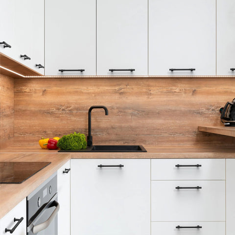Matte Black Cabinet Pulls 5 Inch Center To Center Zinc Alloy Kitchen Cabinet Handles 10 Pack installed on white cabinets.