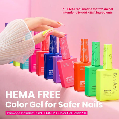 Hand holding Neon Gel Nail Polish Set With 6 Bold Neon Colors Tropical Mood HEMA Free Soak Off UV LED Rainbow Bright Summer Manicure 15ML