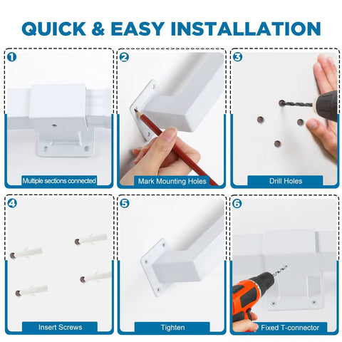 Installation guide for Rock Solid 5 Foot White Industrial Handrail Heavy Duty Galvanized Steel Railing Kit steps with clear images.