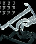 Clean 2 Inch Window Blind Valance Clips 12 Pack Heavy Duty Plastic Snap Holders, reflective view on black background.
