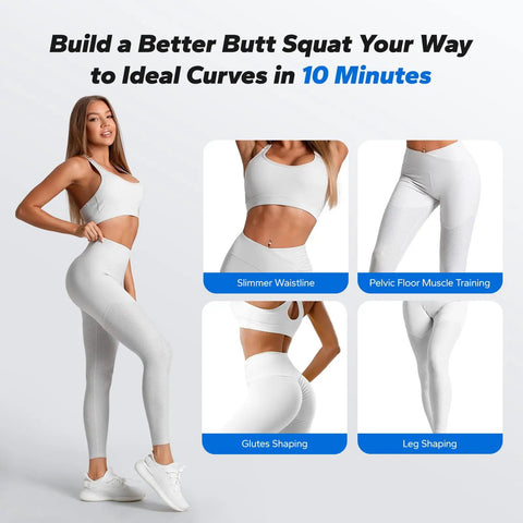 Adjustable Blue Steel Squat Assist Frame For Glute And Quad Growth Heavy Duty Beast Mode Leg Day Crusher With Four Resistance Levels Portable Home Gym Gear with fitness model wearing white outfit.