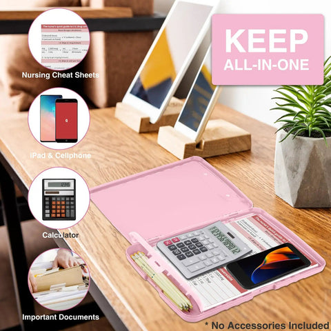 High Capacity Clipboards With Storage For 8.5x11 Papers, pink with rose gold clip, on desk with accessories display.