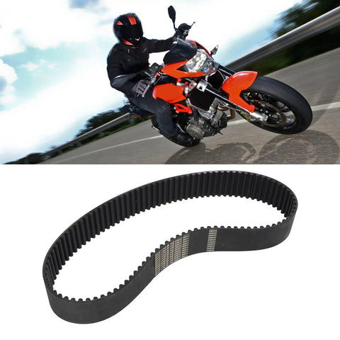 Beefed Up Rubber Drive Timing Belt 42mm Wide 8M 800 Series for mechanical power transmission, shown with a motorcycle