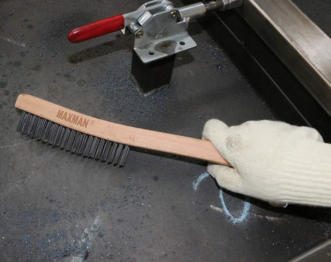 Heavy Duty Wire Brush Set With 14 Inch Beech Wood Handles For Beating Rust And Paint Removal, glove holding brush