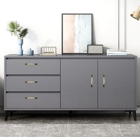 Grey dresser with two pack ceramic and zinc alloy vintage cabinet knobs in rich brown with floral motif and five inch hole spacing