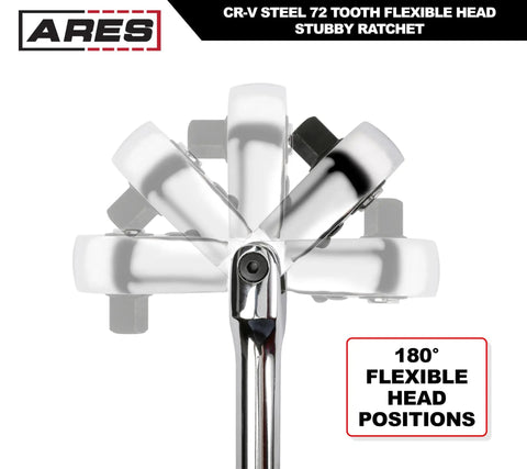 3/8-Inch Flex Head Ratchet with 72-Tooth Quick Release, showing 180° flexible head positions in chrome finish
