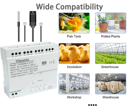 Wide compatibility uses of 4 Channel 85-250V DC Tuya WiFi Smart Temperature And Humidity Relay Switch for home automation