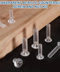 Top Shelf 60 Pieces M4 X 10mm Clear Polycarbonate Phillips Flat Head Countersunk Machine Screws on wood background.