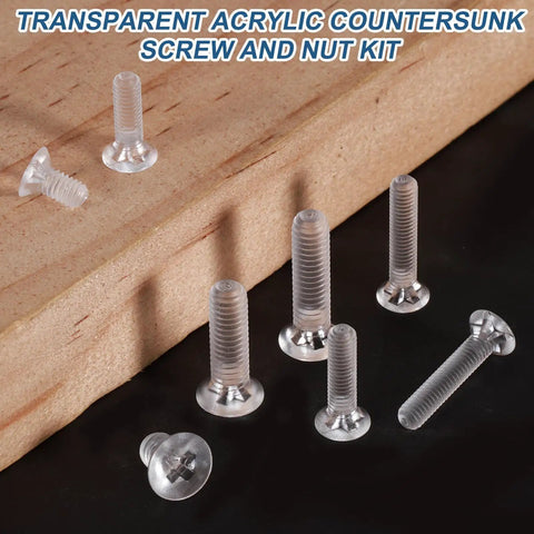 Top Shelf 60 Pieces M4 X 10mm Clear Polycarbonate Phillips Flat Head Countersunk Machine Screws on wood background.