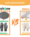 Comparison chart showing two pairs of gloves. Left: gray gloves with rubber dots, dirt-resistant. Right: white gloves, non-slip.