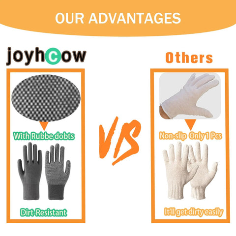 Comparison chart showing two pairs of gloves. Left: gray gloves with rubber dots, dirt-resistant. Right: white gloves, non-slip.