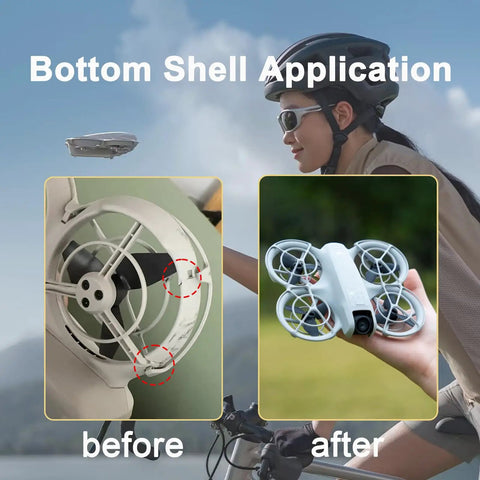 Comparison of Neo Bottom Shell Replacement For Drone No Fuss Easy Swap, before and after installation in use by cyclist