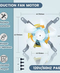 Induction fan motor for Auger Motor Complete Replacement Kit With 2.0 RPM Upgrade, shown with dimensions and features