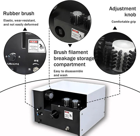 Close-up of Heavy Duty Three Brush Wire Twisting Machine features including rubber brush, adjustment knob, and storage compartment.