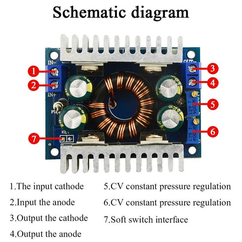 Schematic diagram of Heavy Duty 8A DC DC Buck Boost Converter Module Adjustable Voltage Regulator with labeled components.