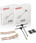 Two Pack 2.4GHz ELRS Nano Receiver With 55mm T Antenna For ELRS FPV Remote Controllers Ideal For FPV Drones Tiny Whoops Fixed Wing And RC Planes ExpressLRS 100mW Return Power, showing packaging, antennas, and receivers.