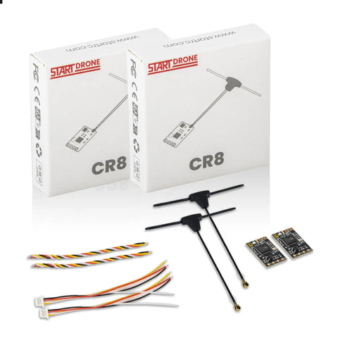 Two Pack 2.4GHz ELRS Nano Receiver With 55mm T Antenna For ELRS FPV Remote Controllers Ideal For FPV Drones Tiny Whoops Fixed Wing And RC Planes ExpressLRS 100mW Return Power, showing packaging, antennas, and receivers.