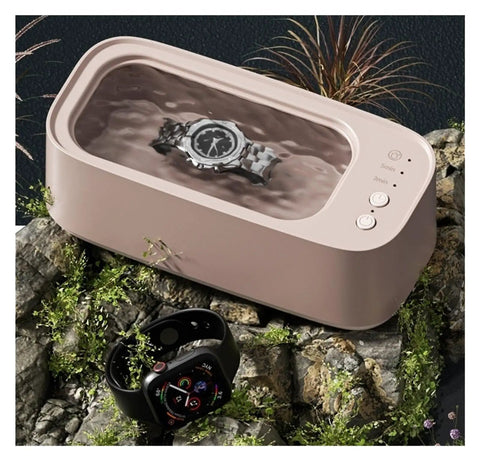 Buff That Bling Out Smooth With This Timed Ultrasonic Cleaner Delivering High Frequency Vibration For Legit Deep Cleaning Of Rings Watches Eyewear Tools Compact Clean As A Whistle Setup with watch submerged in cleaning solution