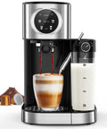 Front view of 3 In 1 Espresso Machine With 20 Bar Pressure, Automatic Milk Frother, Ground Coffee Or Pods, Dual Boiler, 57 Oz Water Tank