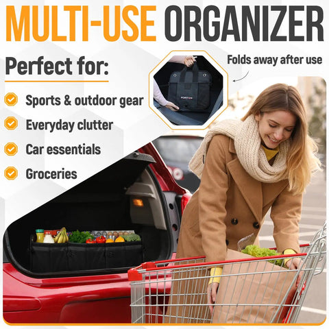 Trunk Organizer With Cooler For SUV And Car, Collapsible Multi Compartment Storage Box With Non Slip Bottom And Straps in car trunk