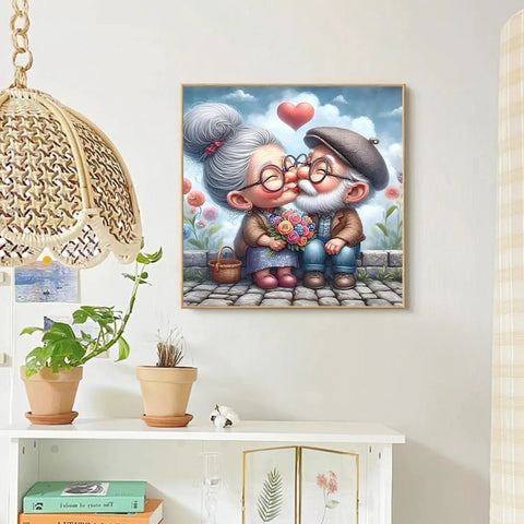 Beginner Friendly Diamond Painting Kit For Adults And Grannies With Tools 5D Full Drill Round Diamond Dots Craft Set No Fuss And Funny Home Wall Decor And Gift 12 By 12 Inch artwork featuring an elderly couple on the wall.