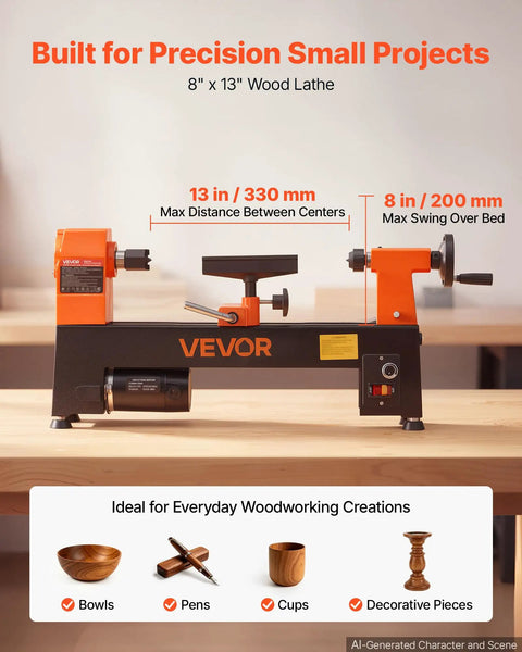 VEVOR Mini Benchtop Wood Lathe, 1/3 HP 8 X 13 Inch, Variable Speed 150 To 3200 RPM Woodturning Machine with tool rest.