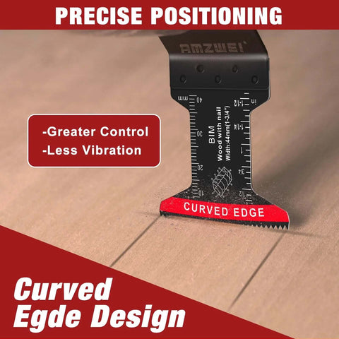 AMZWEI bi-metal oscillating tool blade with curved edge; front view showing ruler scale