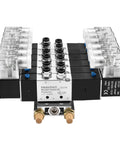 5 Way 3 Position Pneumatic Solenoid Valve With 4V230C08, DC12V Coil, PT1/4 Ports, Manifold Base, and Quick Fittings Set