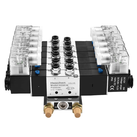 5 Way 3 Position Pneumatic Solenoid Valve With 4V230C08, DC12V Coil, PT1/4 Ports, Manifold Base, and Quick Fittings Set